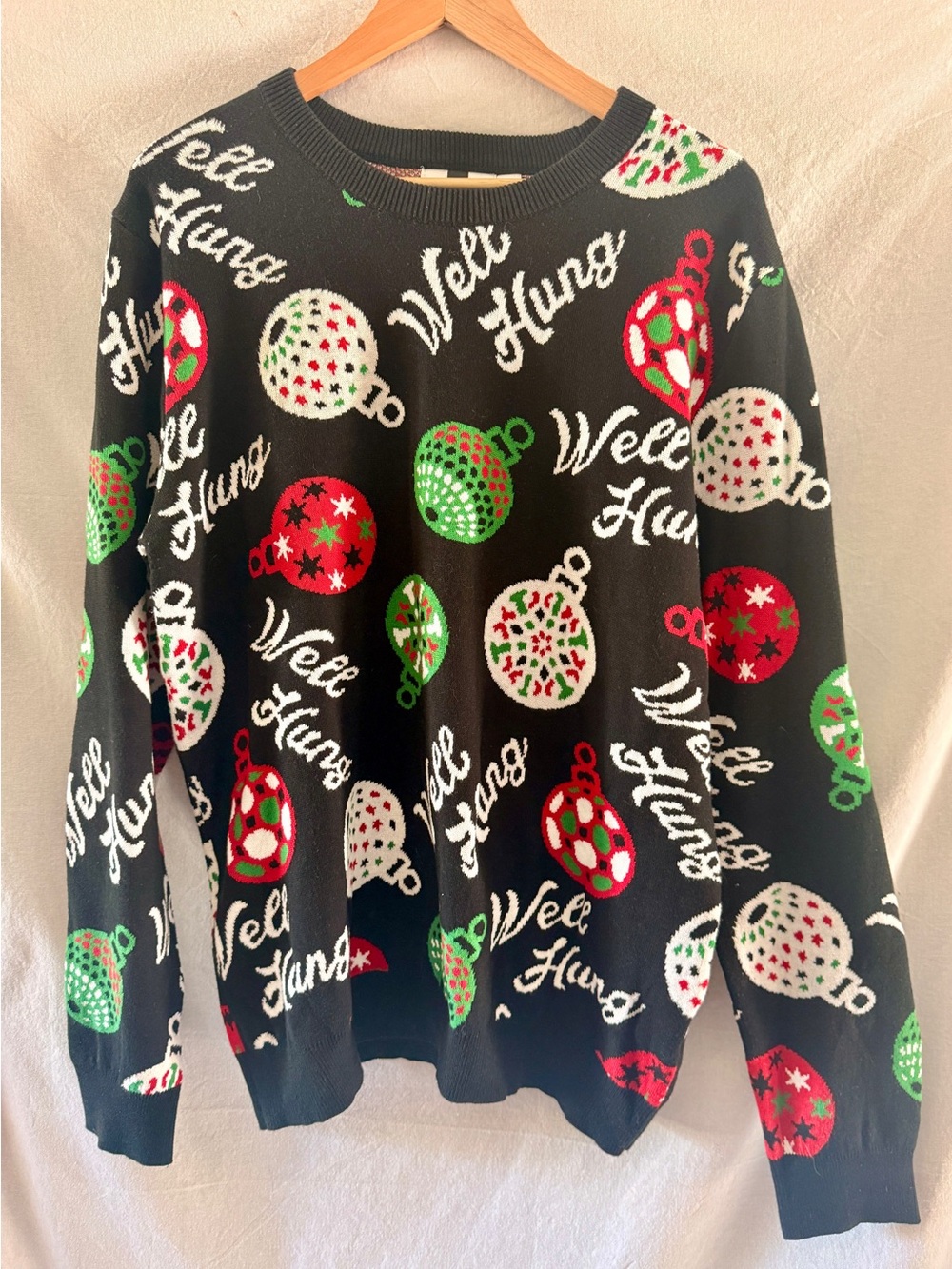 Topman Black Crewneck Sweater with Red, Green & White Ornament Print “Well Hung”